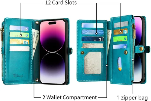 Miniatura 3 de Funda tipo cartera para iPhone 13 con tarjetero (12 ranuras para tarjetas), funda de piel sintética para mujeres y hombres, carga inalámbrica