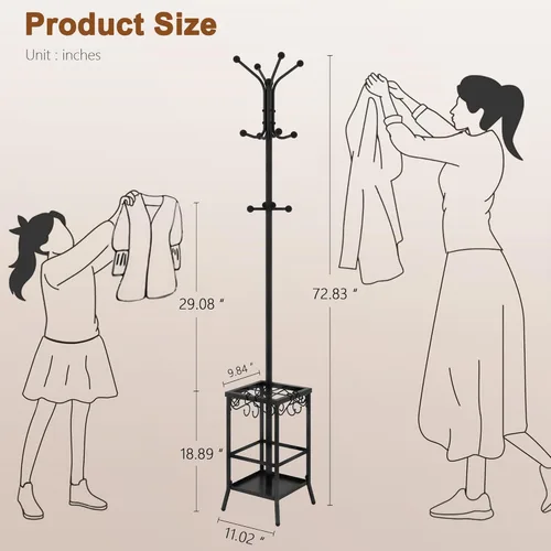 Miniatura 7 de Hoctieon Perchero independiente, Perchero con soporte para paraguas, perchero de metal con 12 ganchos, soporte para colgar abrigos de pie, soporte