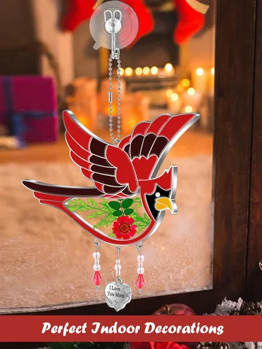 Miniatura 4 de KY&BOSAM Regalos para mamá, con texto en inglés "I Love You Mom", con diseño de cardenal, pintada a mano, para ventana, adorno colgante de viento