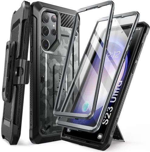 SUPCASE Funda para Samsung Galaxy S23 Ultra con soporte, [Unicorn Beetle Pro] [2 marcos frontales] [Protector de pantalla integrado y clip para