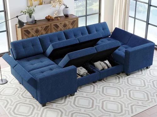 Miniatura 3 de Belffin - Sofá seccional modular con cama y asiento de almacenamiento, reversible, sofá cama modular para sala de estar, color azul