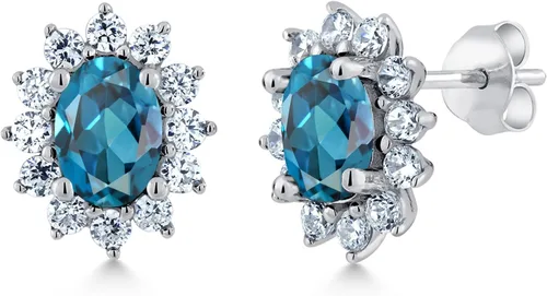 Miniatura 127 de Gem Stone King Aretes ovalados de plata de ley 925 de 0.276 x 0.197 in con piedra natal de la princesa Diana, estilo halo real para mujeres