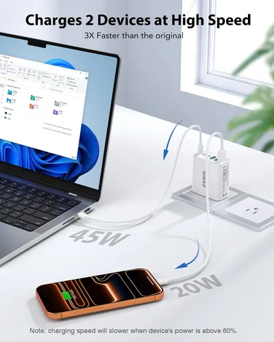 Miniatura 3 de Paquete de 2 bloques de cargador rápido USB C de 65 W, 6 puertos (PD3.0 45 W+QC 20 W), enchufe de cargador de pared, cubos de carga multipuerto