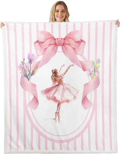 Manta de vellón de ballet para niña, manta de ensueño con lazo rosa de princesa bailarina para sofá de adultos, manta suave kawaii a rayas círculos