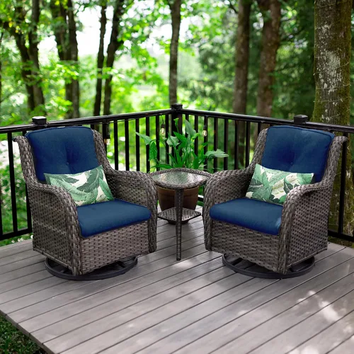 Miniatura 2 de Juego de 2 sillas de patio giratorias de 360 grados para exteriores y mesa auxiliar a juego – 3 sillas deslizantes de mimbre para patio con cojines