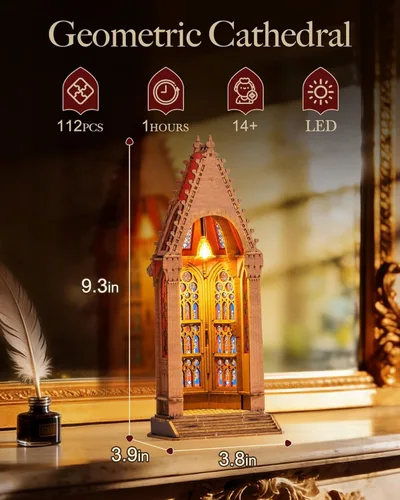 Miniatura 2 de Rolife Rompecabezas de madera 3D, modelo de arquitectura de catedral de geometría con luces LED, kit de construcción de manualidades para adultos