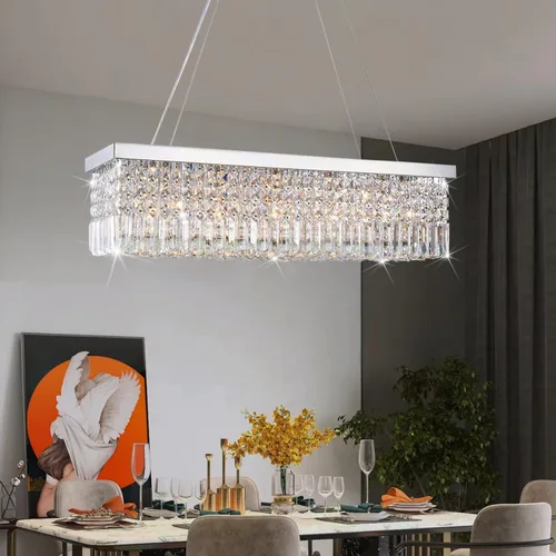 Miniatura 11 de Araña moderna de onda, araña rectangular de cristal con gotas de lluvia, montaje empotrado, lámpara colgante de techo cromada, ideal para comedor