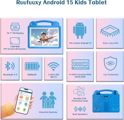 Miniatura 3 de Tablet infantil de 10.1 pulgadas, tableta Android para niños, Android 15, pantalla de 1280 x 800, CPU Octa-Core, 8 GB+64 GB, 1 TB expandible a Azul