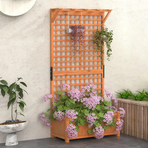 Miniatura 4 de Giantex Cama de jardín elevada con enrejado, contenedor de madera de 60 pulgadas con agujeros de drenaje, enrejado alto para colgar macetas