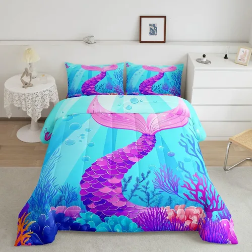 Miniatura 19 de Edredón de plumón de delfín para niños, juego de edredón del mundo submarino, juego de ropa de cama coral de peces dorados, tamaño individual