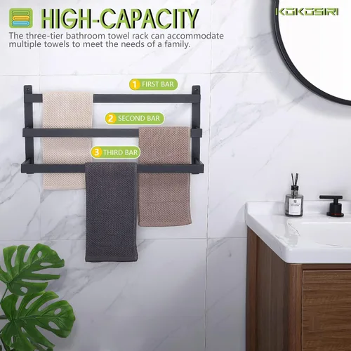 Miniatura 7 de KOKOSIRI Toalleros negros para toallas de baño, 3 niveles, escalera, para colgar en la pared, estantes de acero inoxidable, B5006BK-L24 Negro mate