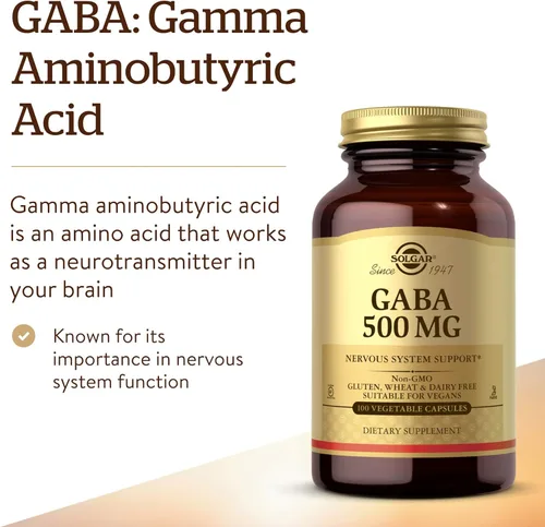 Miniatura 3 de Solgar GABA 500 mg, 100 cápsulas vegetales – Relajación y apoyo del sistema nervioso – Aminoácidos – Sin OMG, vegano, sin gluten, sin lácteos