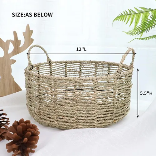 Miniatura 2 de Cesta redonda de almacenamiento de hierba marina con asas, cesta de mimbre tejida a mano (12.01 pulgadas de profundidad x 5.51 pulgadas de alto)