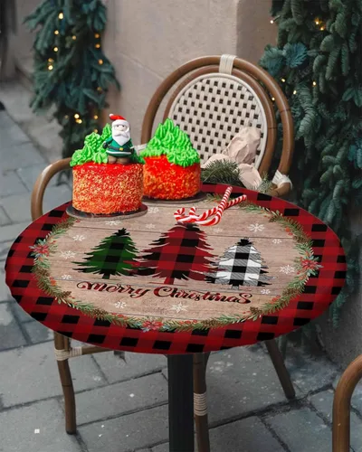 Miniatura 29 de Mantel ajustado redondo de Navidad con Poinsettia, mantel de lino retro de Navidad impermeable para mesa circular, mantel circular elástico de Rojo