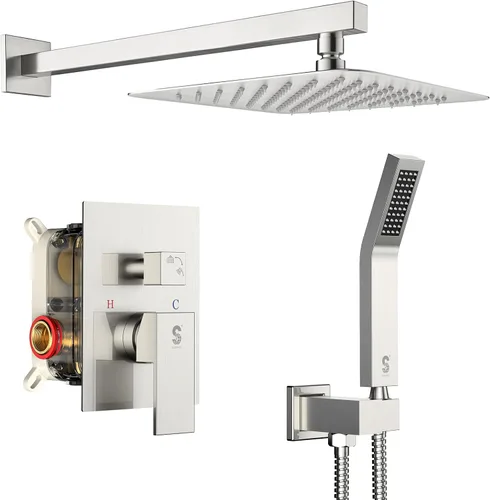 SR SUN RISE Juego de grifo de ducha cuadrado para baño, cabezal de ducha de lluvia con rociador de mano montado en la pared, accesorios de ducha de