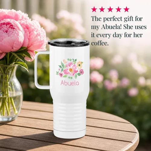 Miniatura 7 de Just So Posh Abuela Flowers Tumbler, Vaso de Café de Viaje con Asa y Tapa Deslizante, Blanco 20 oz Polar Camel, Acero Inoxidable, Aislado al Vacío