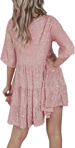 Miniatura 6 de Vestido de lentejuelas brillantes para mujer, cuello redondo, manga corta, color sólido, suelto, con purpurina, vestido de muñeca de bebé, fiesta