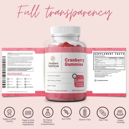 Miniatura 5 de Mother Nutrient Suplemento de gomitas de arándano para mujeres y niños, salud del tracto urinario, menos agrio y 90% menos dulce, sin gluten, sin