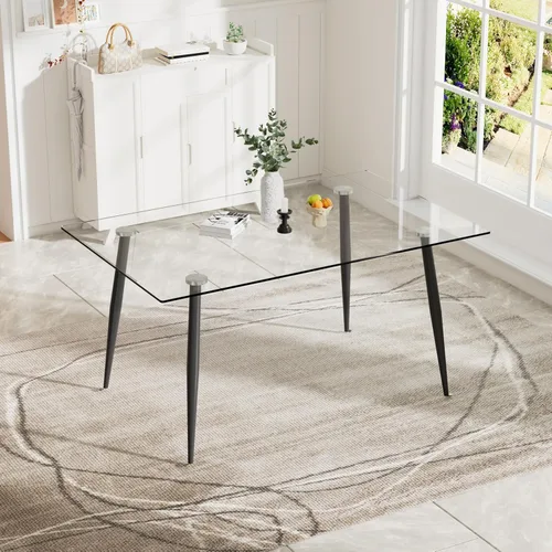Miniatura 3 de Baysitone Mesa de comedor de cristal para 4 personas con tapa de vidrio rectangular transparente de 51 pulgadas, muebles de cocina de vidrio Negro