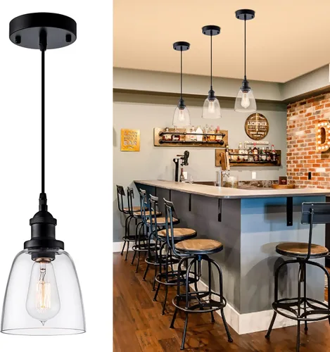 Lámpara colgante sobre isla, iluminación industrial de vidrio transparente, cable ajustable para fregadero, cocina, isla de comedor, negro, 1 paquete