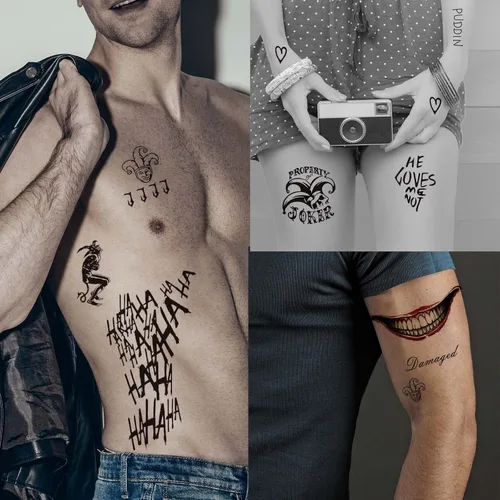 Miniatura 4 de Zeecdatoo 34 hojas de tatuajes temporales de Halloween, tatuajes de Joker HQ para disfraces de cosplay de Halloween y accesorios de fiesta, tatuajes