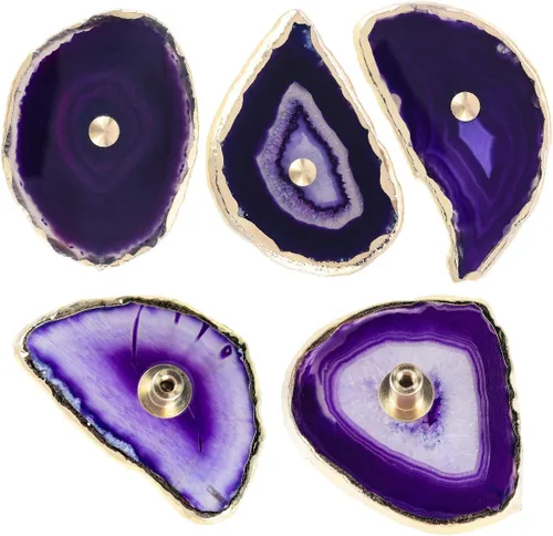 Miniatura 5 de Rockcloud Pomos de ágata morada para cajón, tiradores para armario de aparador, rebanada teñida con pomos de borde chapados en oro para decoración