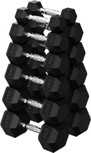 Miniatura 16 de HANDBODE Juego de mancuernas hexagonales de 45 a 640 libras, mancuernas de ejercicio y fitness con revestimiento de goma para gimnasio en casa