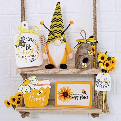 Miniatura 2 de Juego de decoración de bandejas escalonadas de abeja, 6 piezas de decoración de cocina de verano con gnomo, tarro de miel, colmena de abejas