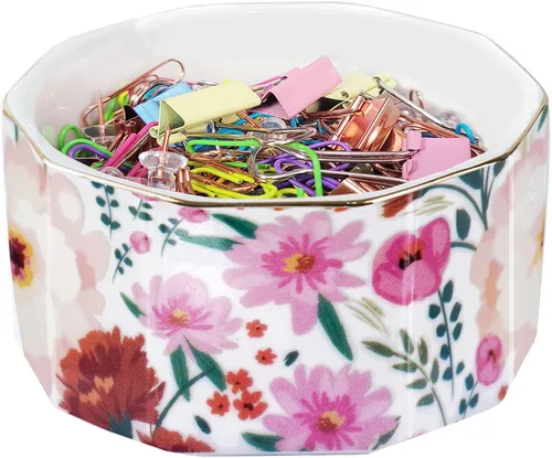Miniatura 9 de Portaclips de Cerámica con Línea Dorada Dispensador Organizador de Clips para Escritorio Lindo Patrón de Mármol Terrazo Portaclips de Oficina