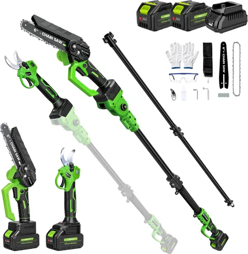 Miniatura 9 de Sierra de Poste Inalámbrica 2 en 1 de 8 Pulgadas Mini Motosierra, Sierras de Poste para Poda de Árboles Alimentada por Batería 2*4.0Ah, Sierra