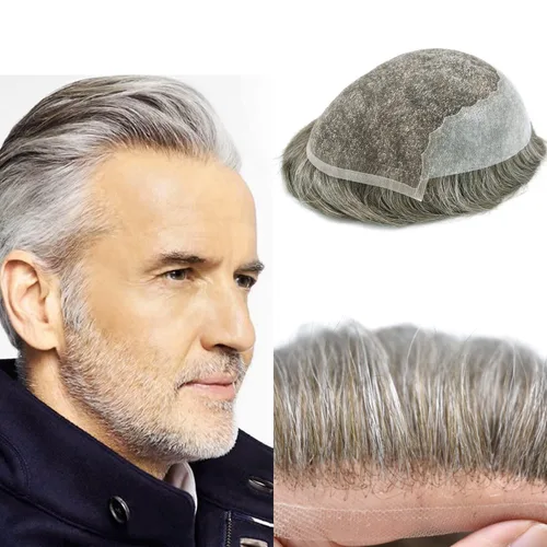 Miniatura 90 de Mens Toupee Swiss Lace Mens Hair Piece Sistema de reemplazo de cabello para hombres Toupee para hombres Cabello humano nudo blanqueado protesis