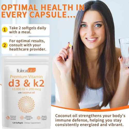 Miniatura 5 de 2 Bolsas de Suplemento de Vitamina D3 K2 en Cápsulas Blandas, Cápsulas Blandas de Vitamina D3 K2 con 10000 UI Apoyan la Salud del Sistema Inmune