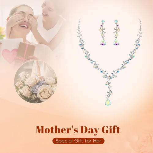 Miniatura 4 de EleQueen Austrian Crystal Necklace Earrings Bridal Jewerly Set for Brides Wedding Party Dress Costume Accessories for Women Iridescent AB Silver-Tone