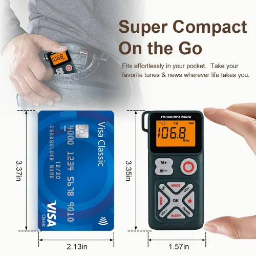 Miniatura 5 de Pocket am FM Radio portátil con auriculares estéreo, mini transistor, sintonización digital con excelente recepción, ranura TF, funciona con batería