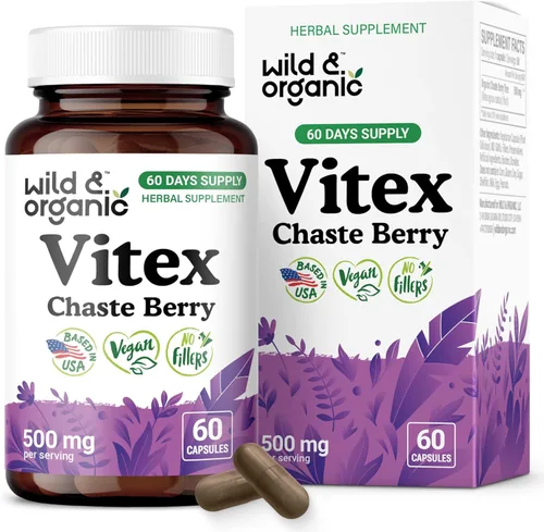 Wild & Organic Vitex Chasteberry Suplemento para mujer – Suplementos para la menopausia para mujeres – Cápsulas de polvo de bayas Vitex – Chaste