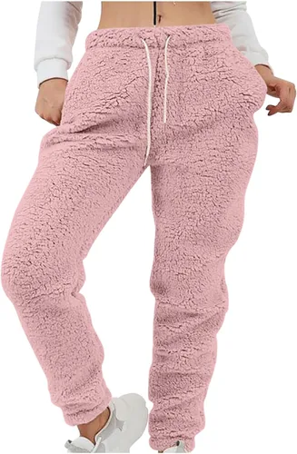 Pantalones de forro polar mullido de color sólido para mujer, pantalones de felpa suave, cálidos, estilo casual, con cordón elástico, talla grande