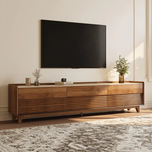 Miniatura 23 de POVISON Soporte de TV moderno de mediados de siglo totalmente ensamblado con luces LED ajustables, consola multimedia de madera, centro