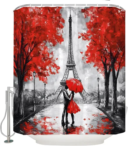 Miniatura 4 de Cortina de ducha con diseño de torre Eiffel, romántica, para parejas, amantes, rojo, gris, París, ciudad, árbol, pintura al óleo, arte retro