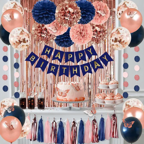 Miniatura 6 de Pugkloy Decoraciones de fiesta de cumpleaños de oro rosa y azul marino con pancarta de feliz cumpleaños, cortinas, pared de mariposa, guirnalda