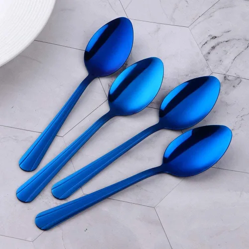 Miniatura 7 de MINGYU Juego de 12 cucharas de acero inoxidable, elegantes cucharas de sopa azules, cucharas de mesa de 7 pulgadas, cucharas de titanio