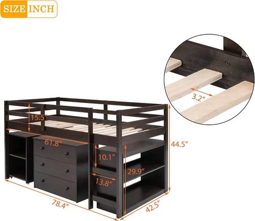 Miniatura 2 de Base de cama baja de madera con escritorio portátil rodante, cama alta individual con armario abierto y cajones, cama baja con estante para niños