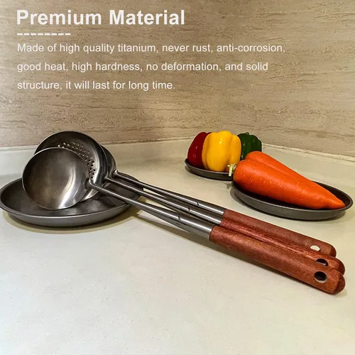 Miniatura 2 de iBasingo Espátula y cucharón de titanio, cuchara skimmer juego de herramientas de cocina con mango largo, utensilios chinos wok para camping, Juego