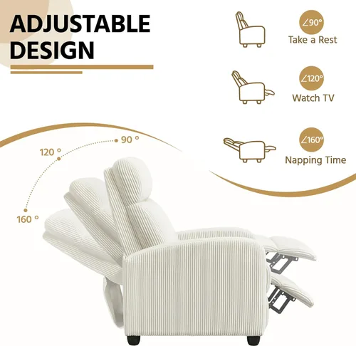 Miniatura 4 de Yaheetech Silla reclinable de pana para sofá individual, asiento de cine en casa, silla reclinable moderna ajustable para sala de estar, dormitorio