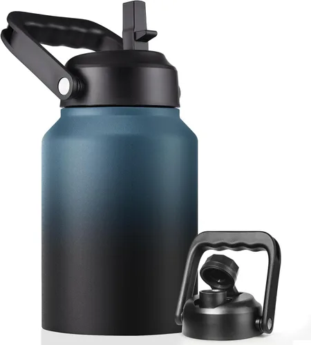 Miniatura 8 de EALGRO Botella de Agua Aislada de Medio Galón Jarra con Pajilla, 64 oz Frasco de Agua Deportivo de Metal de Acero Inoxidable Grande con Asa, Taza