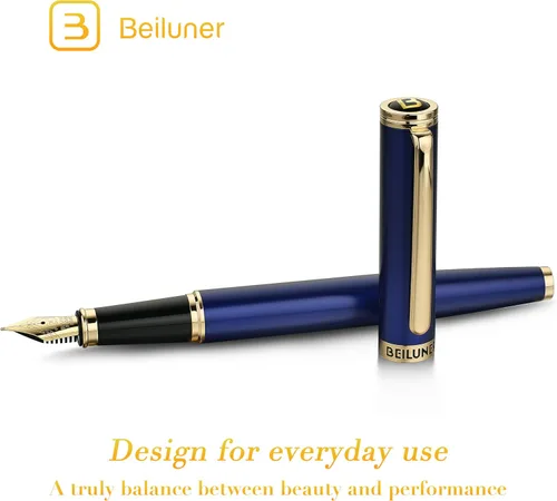 Miniatura 2 de BEILUNER Pluma estilográfica azul, impresionantes plumas de lujo con acabado de oro de 24 quilates, hermosa plumilla dorada de 24 quilates