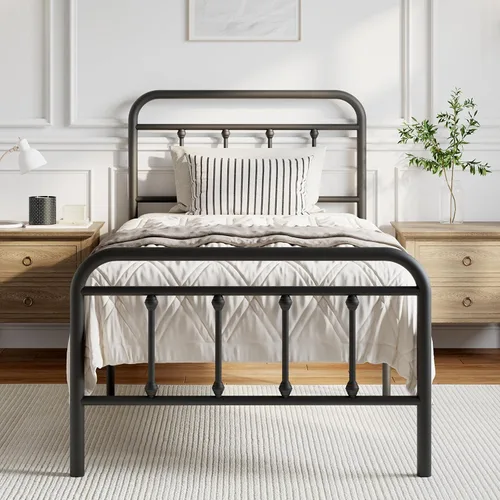 Novilla Armazón de Cama de Metal Tamaño Twin - Estilo Victoriano Minimalista Moderno con Cabecera/Pie de Cama, Listones de Acero