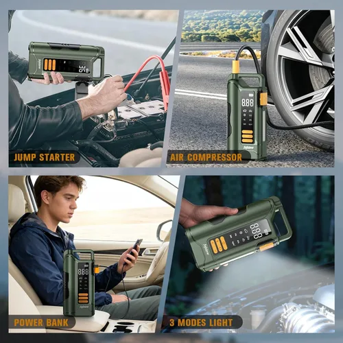 Miniatura 7 de Arrancador con compresor de aire, batería de automóvil de 6000 A, arrancador de batería de 20000 mAh portátil para motor de gasolina/diésel de 10