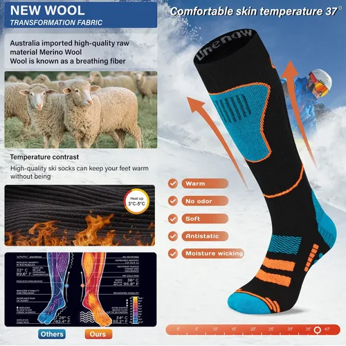 Miniatura 2 de Calcetines de esquí de lana merina, 2 pares, calcetines térmicos hasta la rodilla para snowboard, senderismo, clima frío, nieve, caza