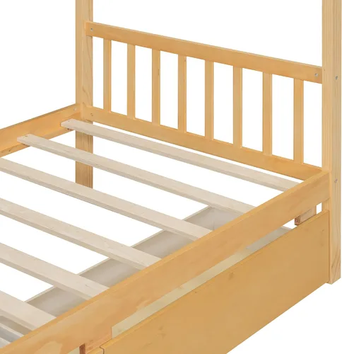 Miniatura 9 de JIVOIT Cama de plataforma de madera con dos cajones, cama de casa tamaño individual con diseño de techo, patas de pino macizo, cabecera y estribo