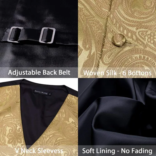 Miniatura 5 de Barry.Wang Chaleco formal de los hombres Paisley Jacquard seda corbata traje chaleco conjunto boda 5PCS